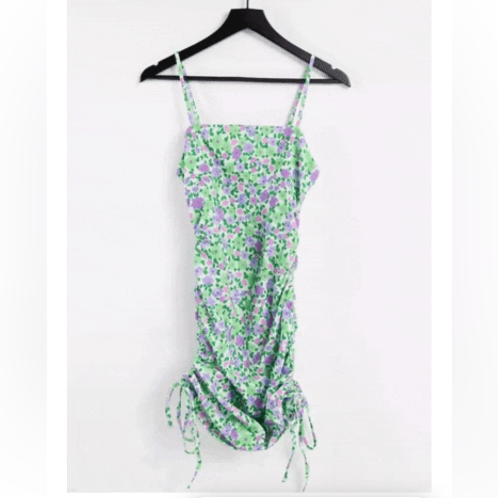 ASOS DESIGN Petite mini sundress, ruched side green/purple floral print size 4